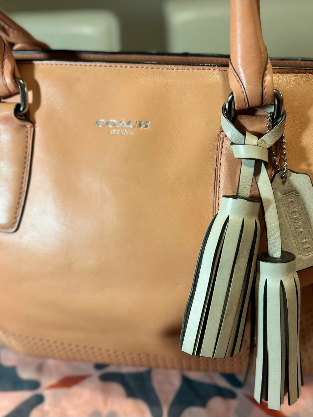 Coach Legacy Perforated Medium Candace Carryall in a coral Leather w Tassels